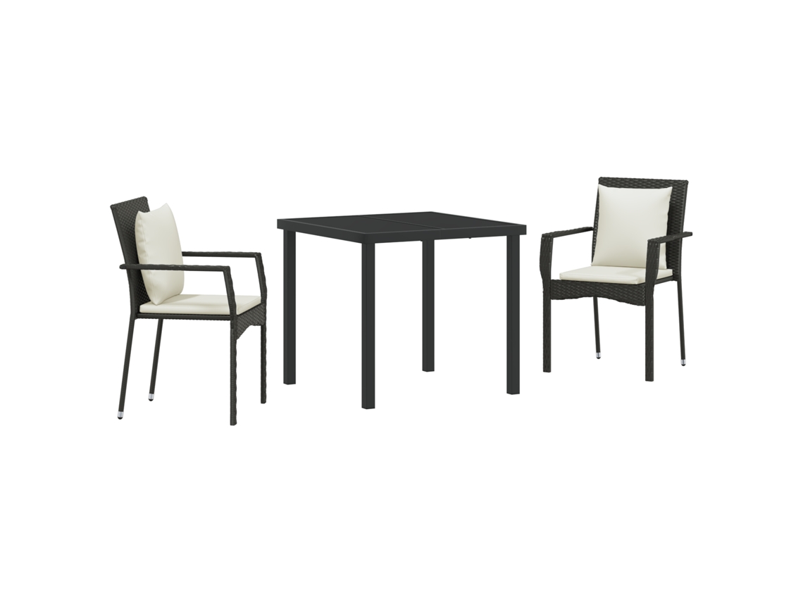 Conjunto de comedor de jardín VidaXL de 3 piezas con cojines, negro, poliéster y mimbre
