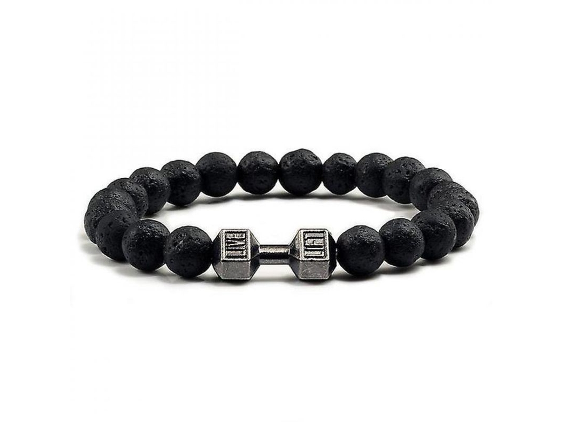 Pulsera de piedra de lava negra natural 2026 con mancuerna mate para hombres y mujeres, joyería de fitness, barra de pistola de lava negra Fwf