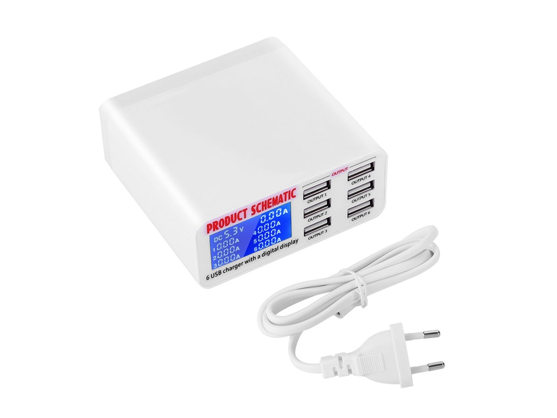 Estación De Carga Usb De 6 Puertos Y 6 A Con Pantalla Lcd, Carga Rápida Y Detección Inteligente.