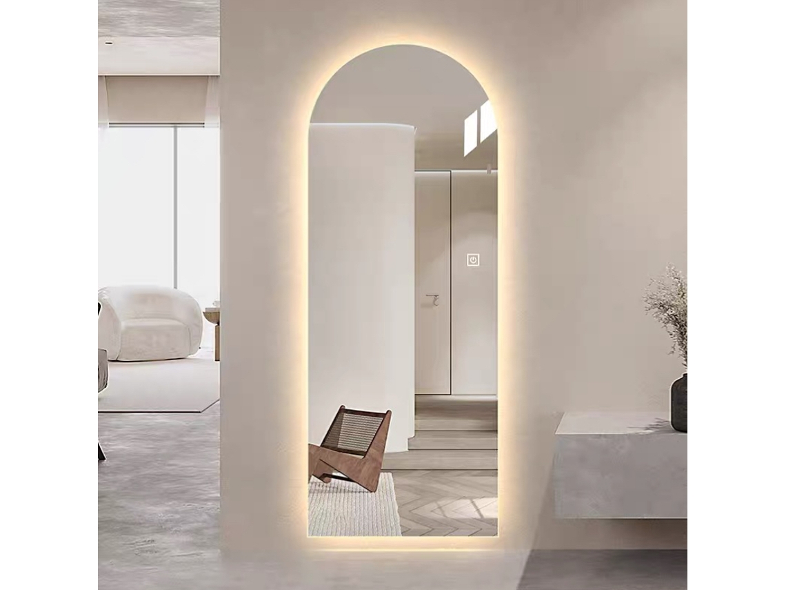 Espejo de cuerpo entero con LED en forma de arco, regulable, de alta resolución, a prueba de explosiones, que se puede montar sobre un soporte o en la pared.