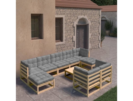 Conjunto 10 de muebles de jardín VIDAXL y cojines madera maciza pino