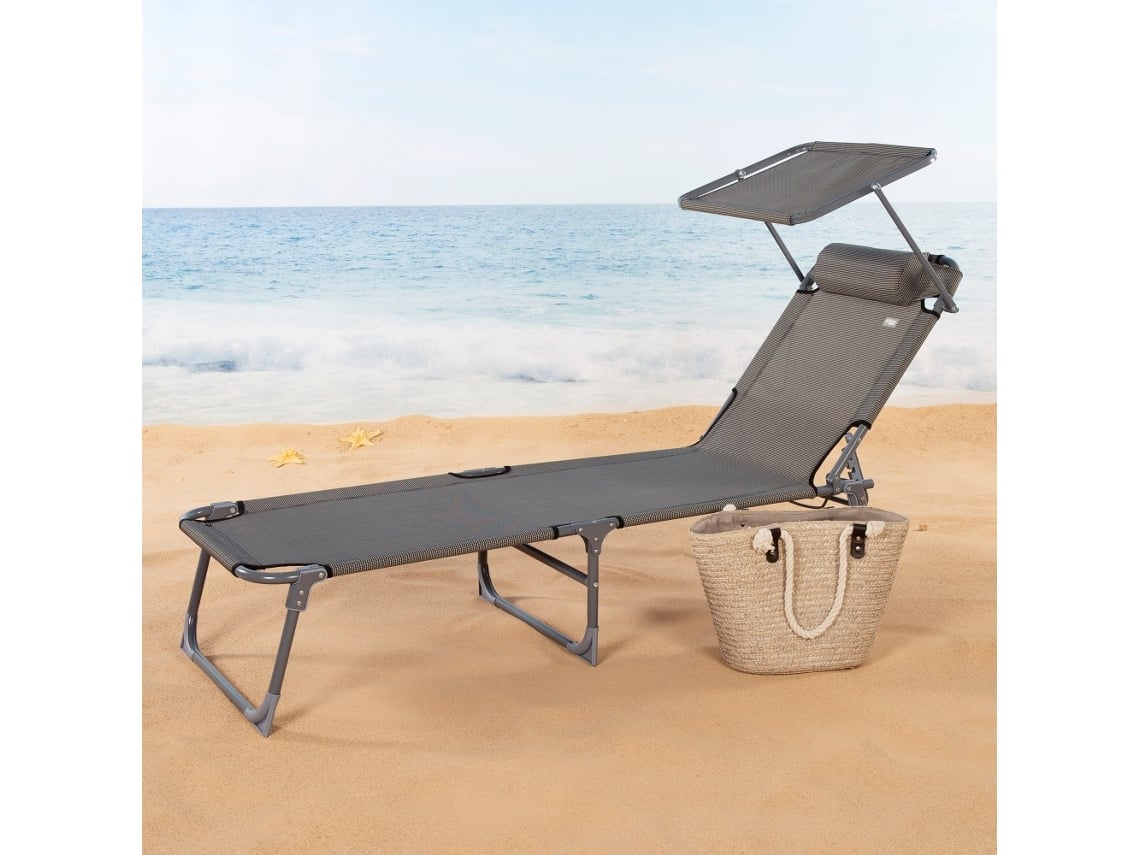 Tumbona plegable playa c/parasol y cojín acolchado gris AKTIVE