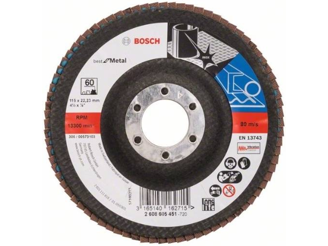 Disco de Lija BOSCH en Lamelas X571 - Best para Metal D= 115 mm; G= 60 - Acodado