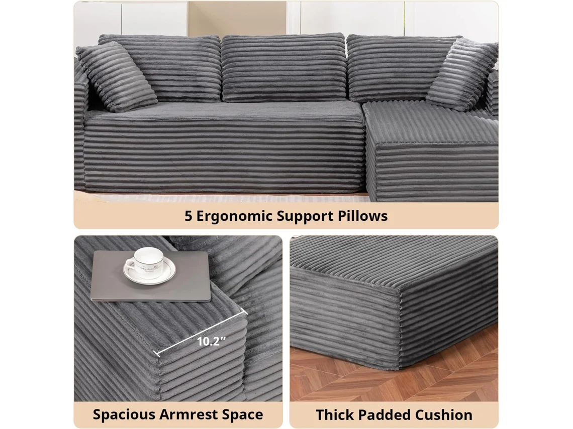 Sofá modular de 265 cm, en forma de L con brazos anchos, tela Bombazine, chaise longue, no requiere ensamblaje. Comhoma