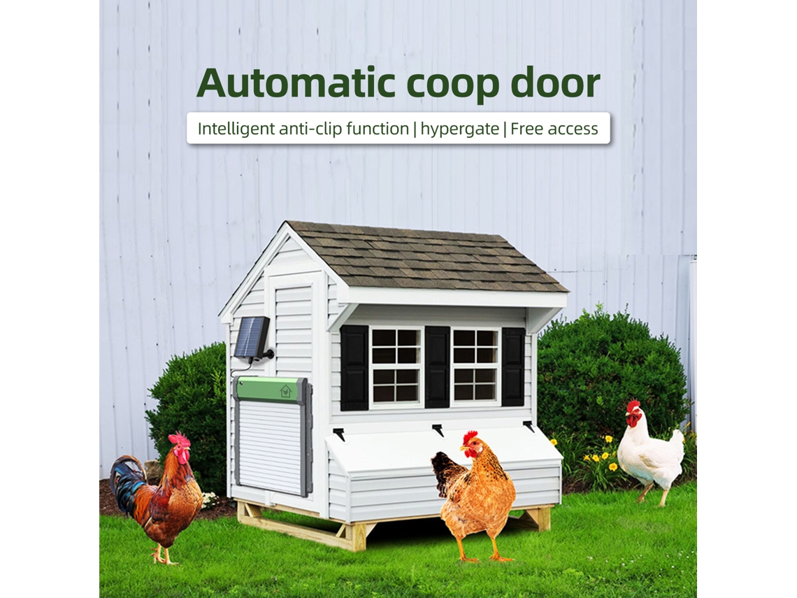 Puerta automática para gallinero con energía solar, temporizador, sensor de luz, control remoto y modo manual.