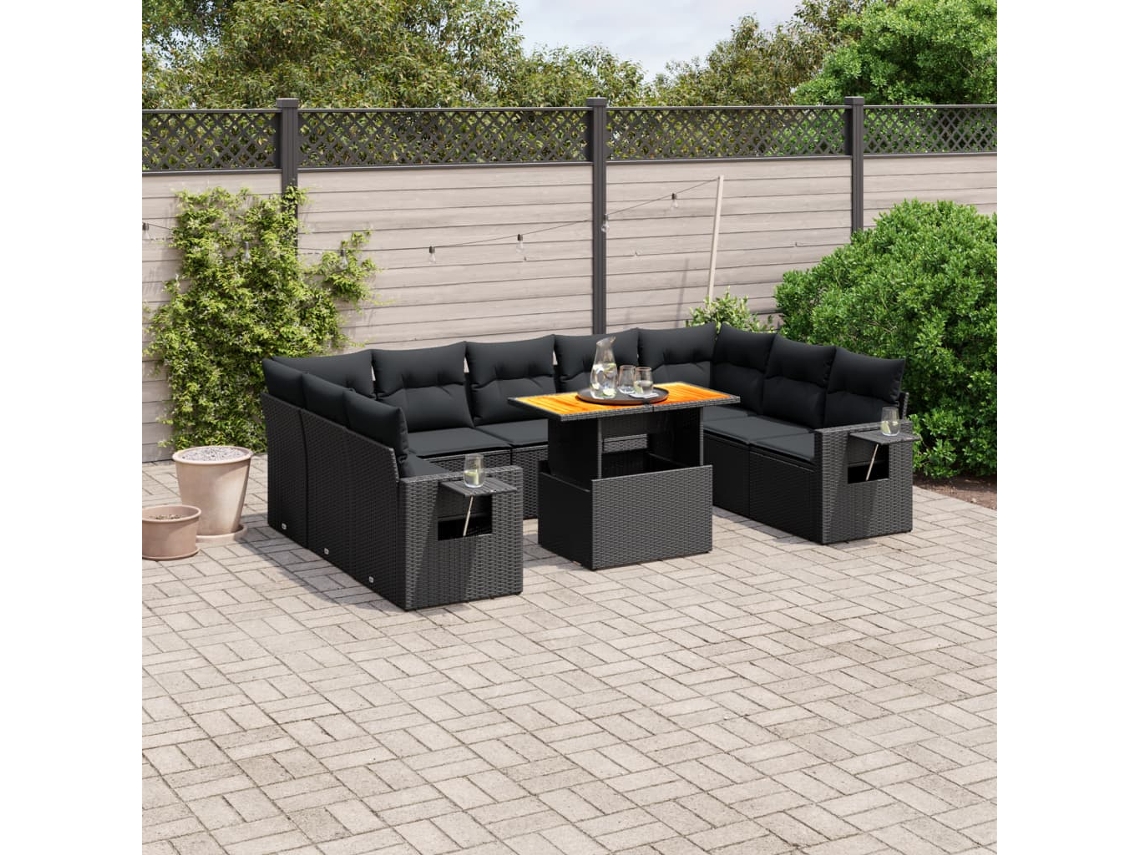 Conjunto de sofá de jardín de 10 piezas con cojines en mimbre sintético negro de DKD Home Decor