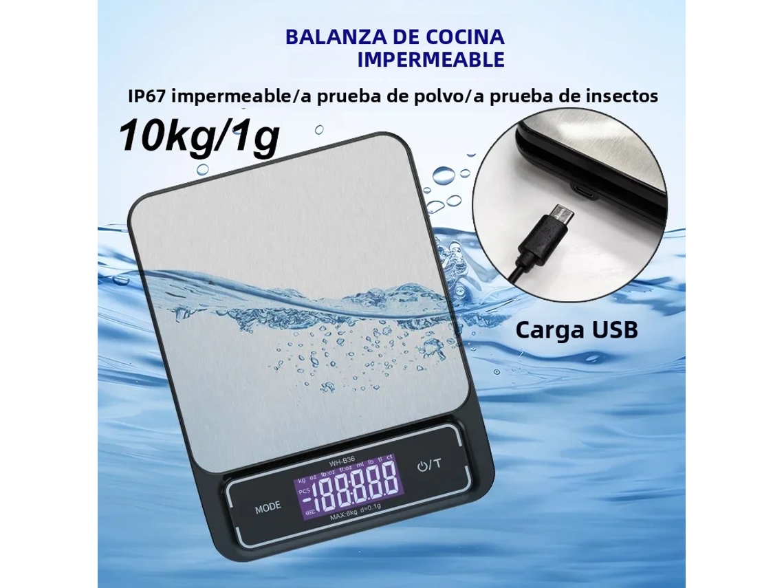 (10 Kg Recargable) Báscula De Cocina Electrónica Impermeable, Precisión 0,1 Gramos