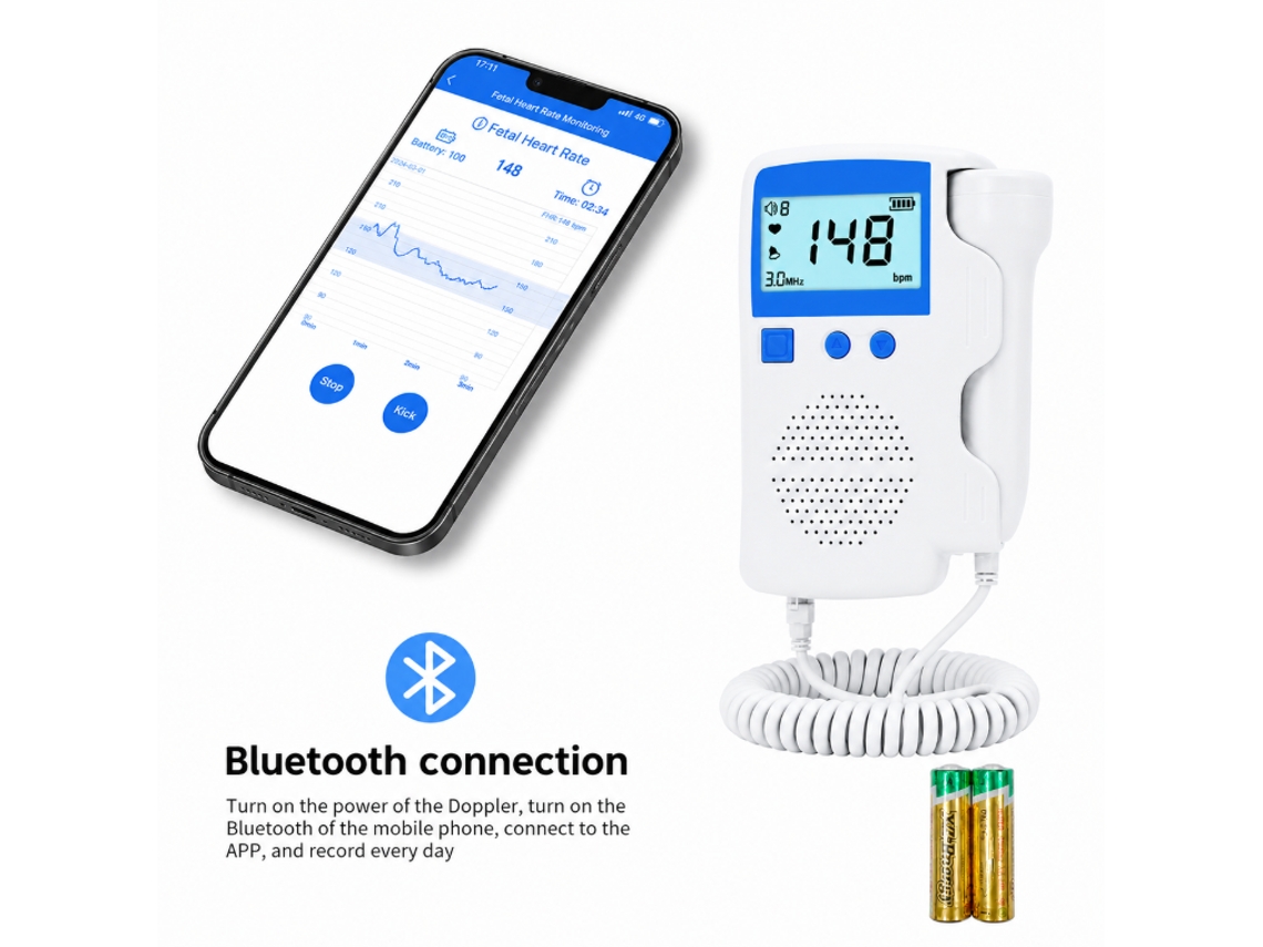 Monitor Fetal Doppler Azul Bluetooth Batería Alcalina Seguro Fácil Operar Mamá Bebé