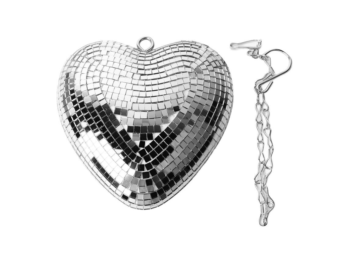 Bola de espejo decorativa de plata con forma de corazón y gancho