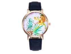 Reloj De Mujer Zhoulianfa, Correa De Pu, Estampado De Piña, Esfera Redonda, Movimiento De Cuarzo, Azul.