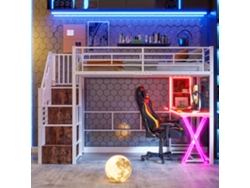 Cama Alta 90x200 Cm Con Led, Escritorio, Armario, Estanterías Y Escalera De Almacenaje, Sin Colchón, Blanco