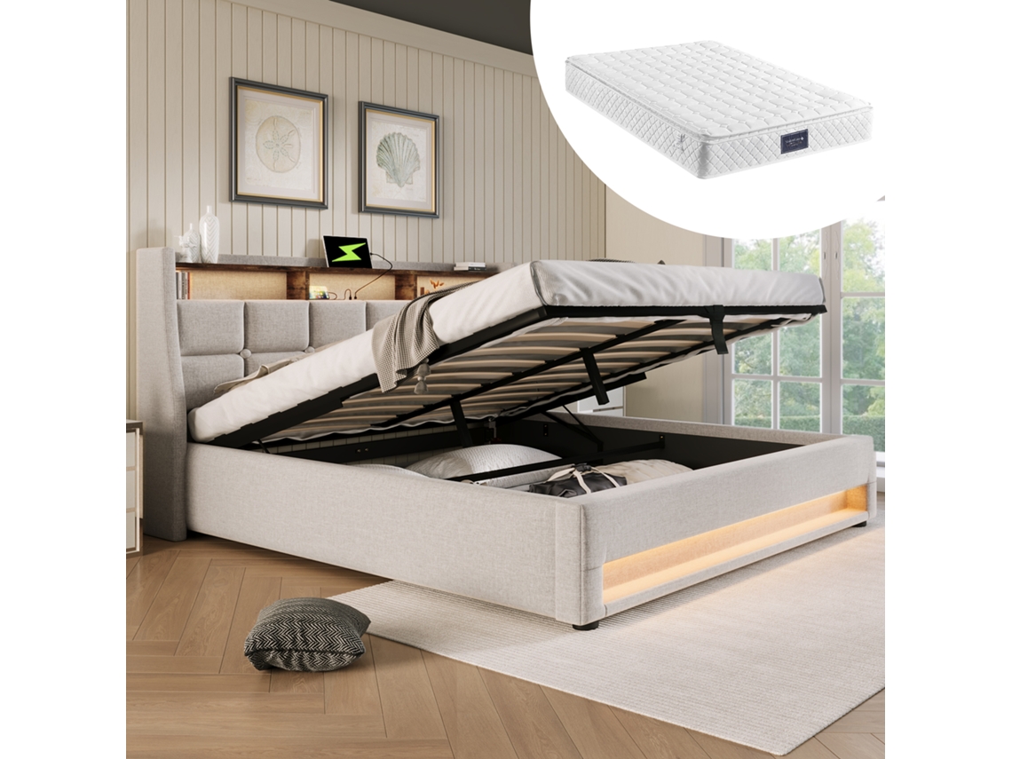 Cama Con Espacio De Almacenamiento, De 140x200 Cm, Con Iluminación Led Y Puerto Usb, Estructura Metálica, Tapicería De Lino Y Colchón.