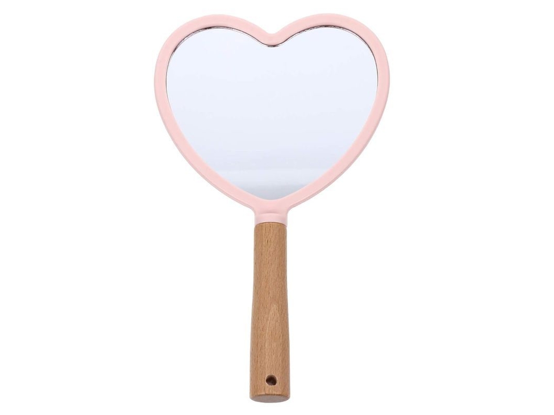 2026-linjou Espejo De Vidrio Corazón Portátil Con Mango De Madera Para Mujer Rosa