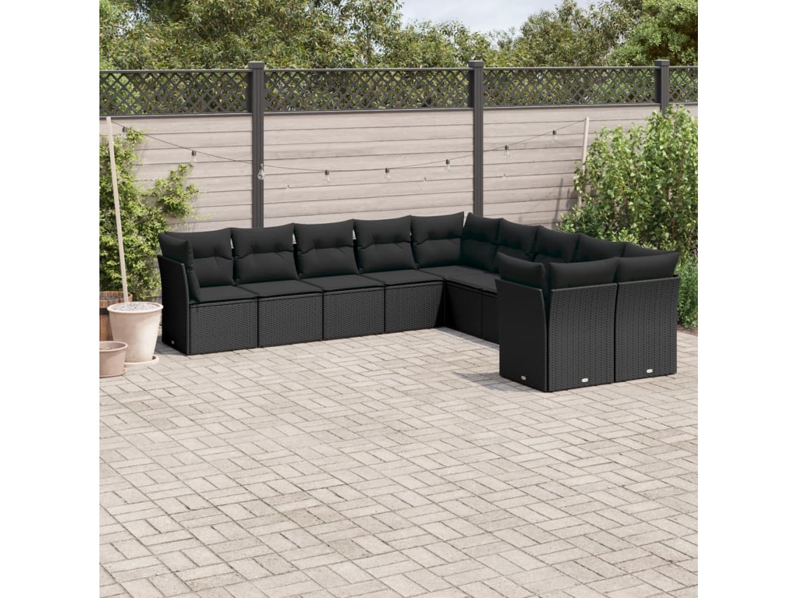 Conjunto de sofá de jardín de 10 piezas con cojines en mimbre sintético negro de DKD Home Decor