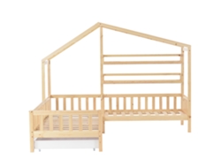 Cama de madera maciza de 90 x 200 x 140 x 70 cm, con cajones y estantes, color natural.