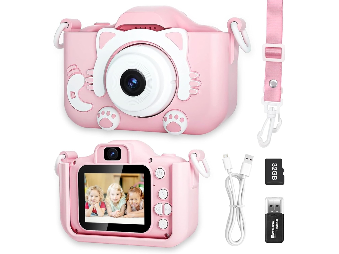Cámara infantil Gertiz Cute Cat 1080p HD con cámara dual, 32 g, color rosa