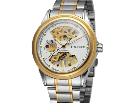 VEANXIN Reloj impermeable de acero inoxidable con correa de dos tonos y esqueleto mecánico para hombre-Oro blanco