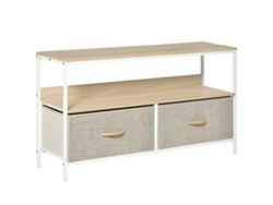 Suporte Baixo Para Tv Com Pés, Estilo Industrial, 2 Gavetas Em Tecido Cinza, Madeira Natural E Metal Branco.