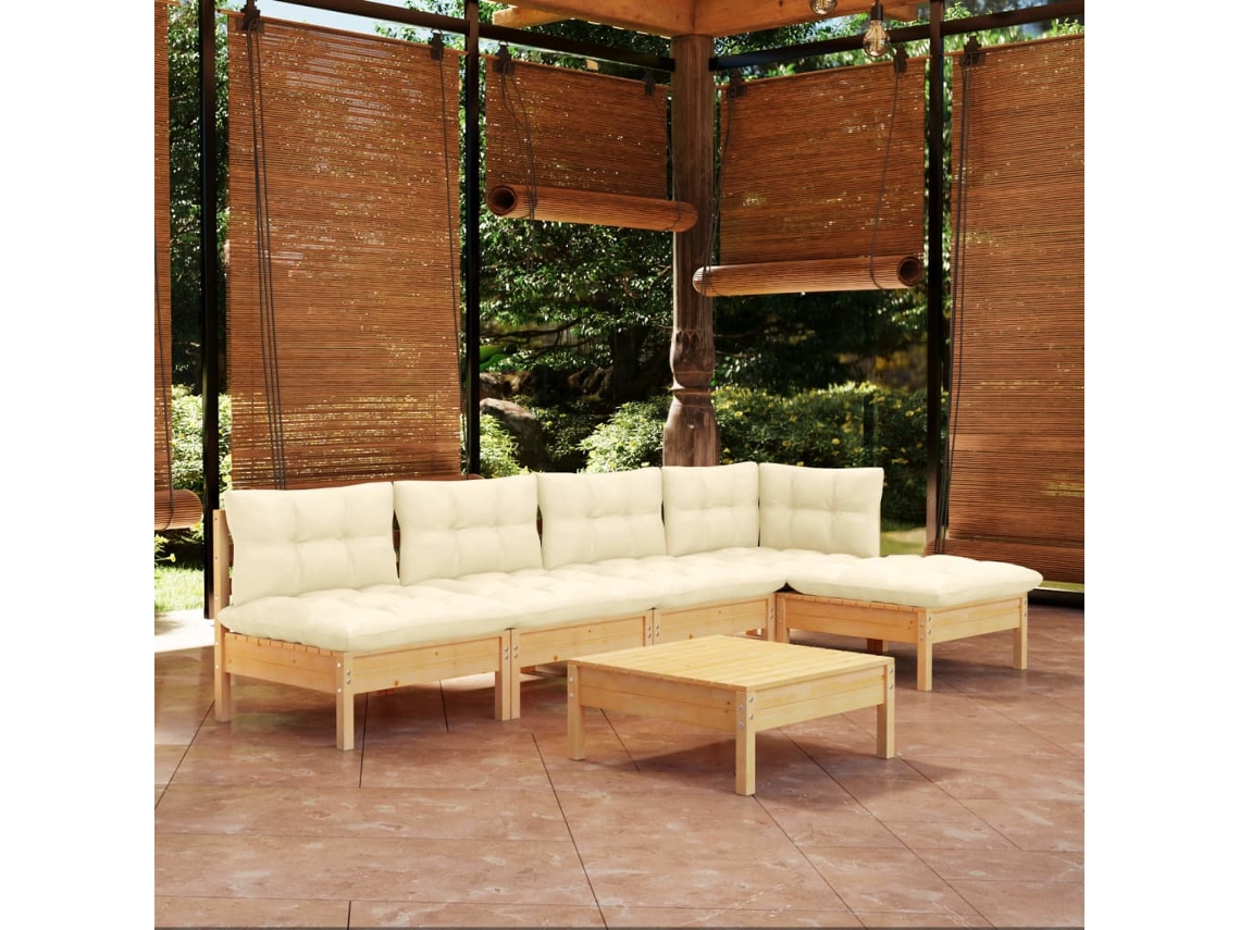 Conjunto de jardín de 6 piezas con cojines de pino crema DKD Home Decor