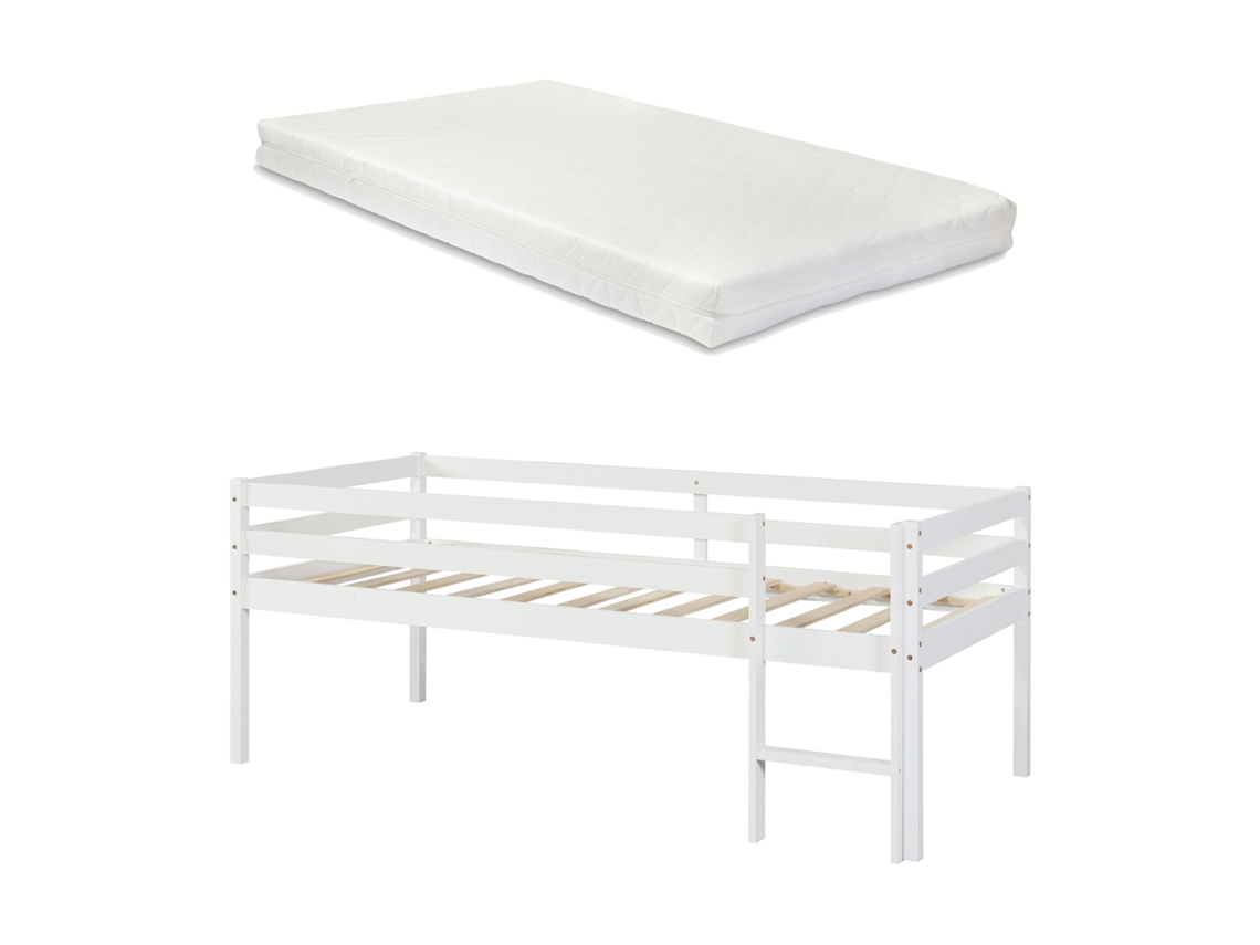 Cama alta para crianças Siikalatva com colchão de madeira de pinho 90 x 200 cm - Branco [EN.CASA]