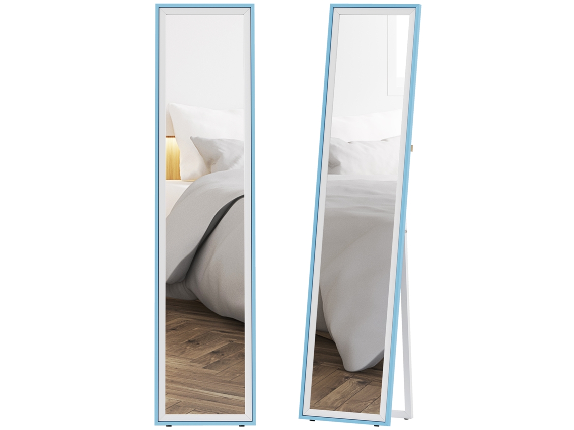 Espejo De Cuerpo Entero De Mdf, 37x157 Cm, Para Pared O Suelo, Blanco/azul.