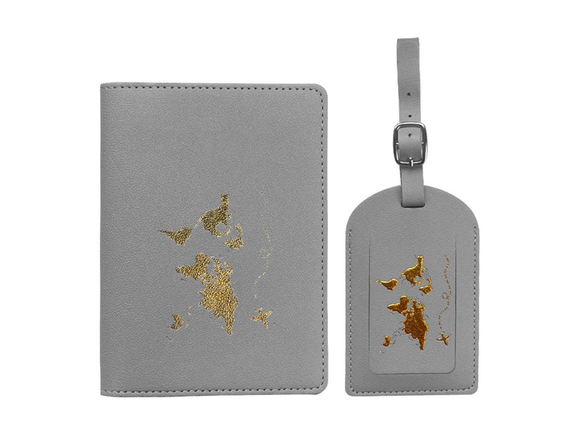 Etiqueta Para Equipaje Y Protector De Pasaporte De Piel Sintética Con Mapa De Viaje.