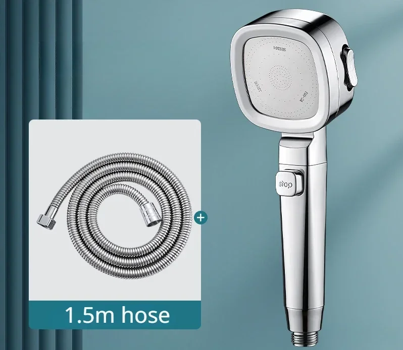 (plata, Incluye Tubería De Agua) Cabezal De Ducha De Alta Presión Que Ahorra Agua, Tres Modos Ajustables, Parada Con Un Botón, Chorro De Masaje.