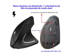 Ratón vertical (para diestros, recargable), inalámbrico Bluetooth 2.4g modo dual, 5 botones, DPI ajustable.