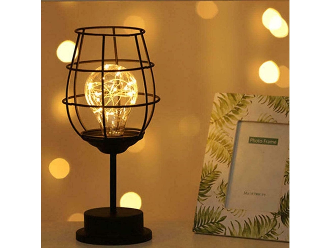 Candeeiro de Mesa de Arame de Metal Preto Cesto de Ferro Estilo Gaiola Luz de Presença Retro a Pilhas Candeeiro de Secretária para Quarto