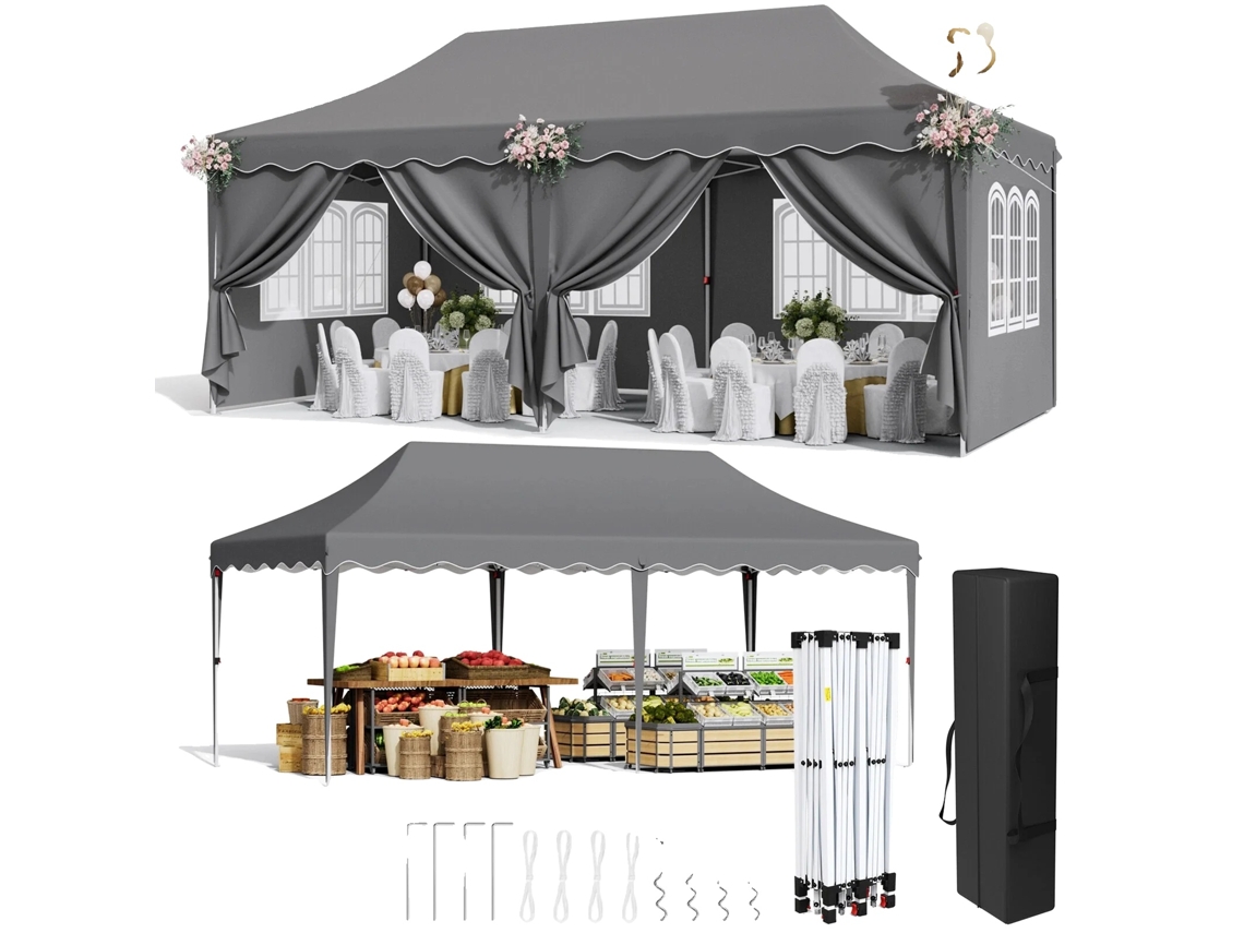 Carpa de jardín plegable, 3 x 6 m, 6 paredes laterales, autoportante, gris OEM