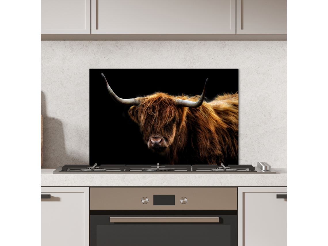 Panel de pared para cocina Scottish Highlander - Cuernos - Negro - Animales - Naturaleza - Salvaje - Vaca 70x50 cm