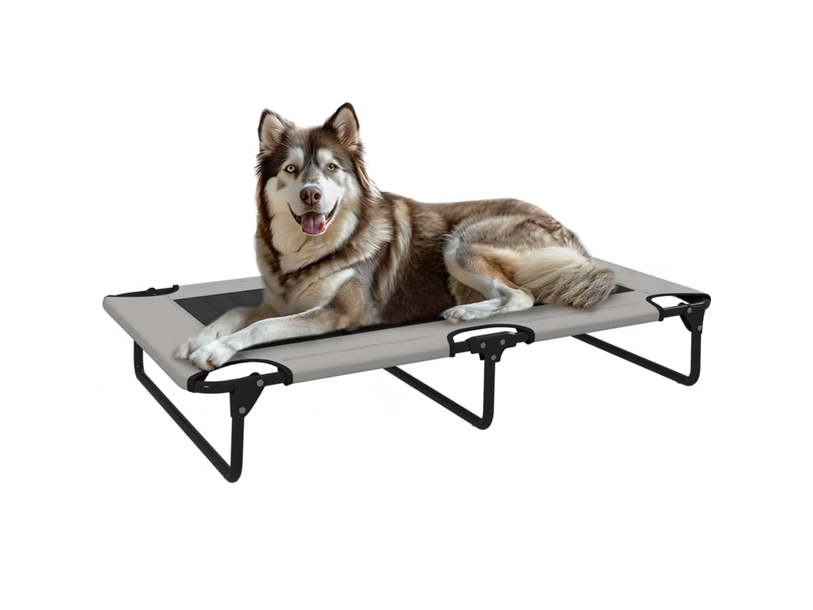 Cama elevada portátil para perros grandes, malla transpirable, gris claro.