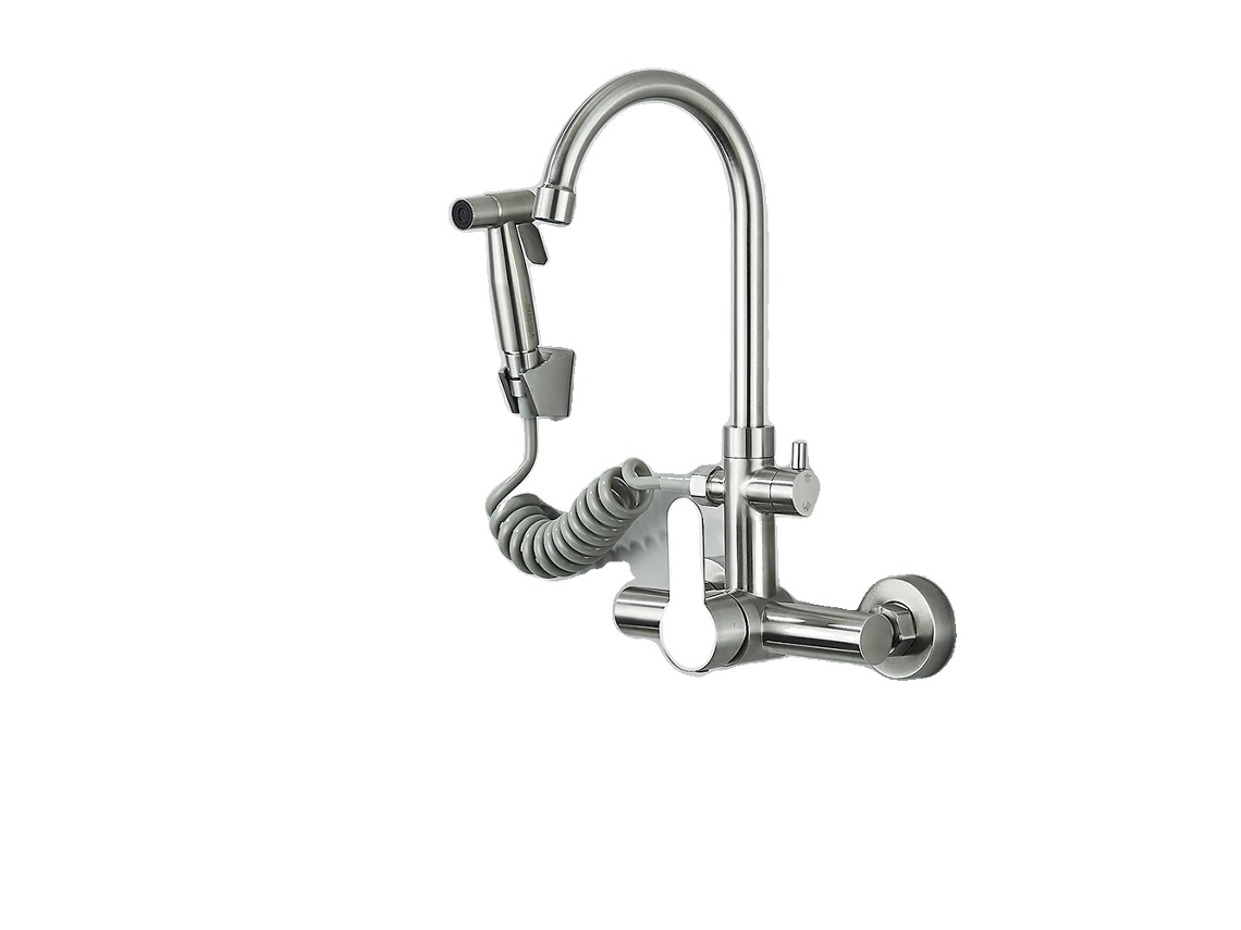 Grifo de cocina de pared, con función de agua fría y caliente, acabado duradero de acero inoxidable, níquel cepillado B