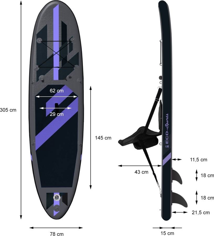 Ecd Germany Tabla hinchable stand up paddle board classicmaonamakanilimitlesskayak 305308320cm de pvceva hasta 120150 kg set completo sup remo diversos colores y modelos asiento kayak 320x82x15cm negro 305 78 15