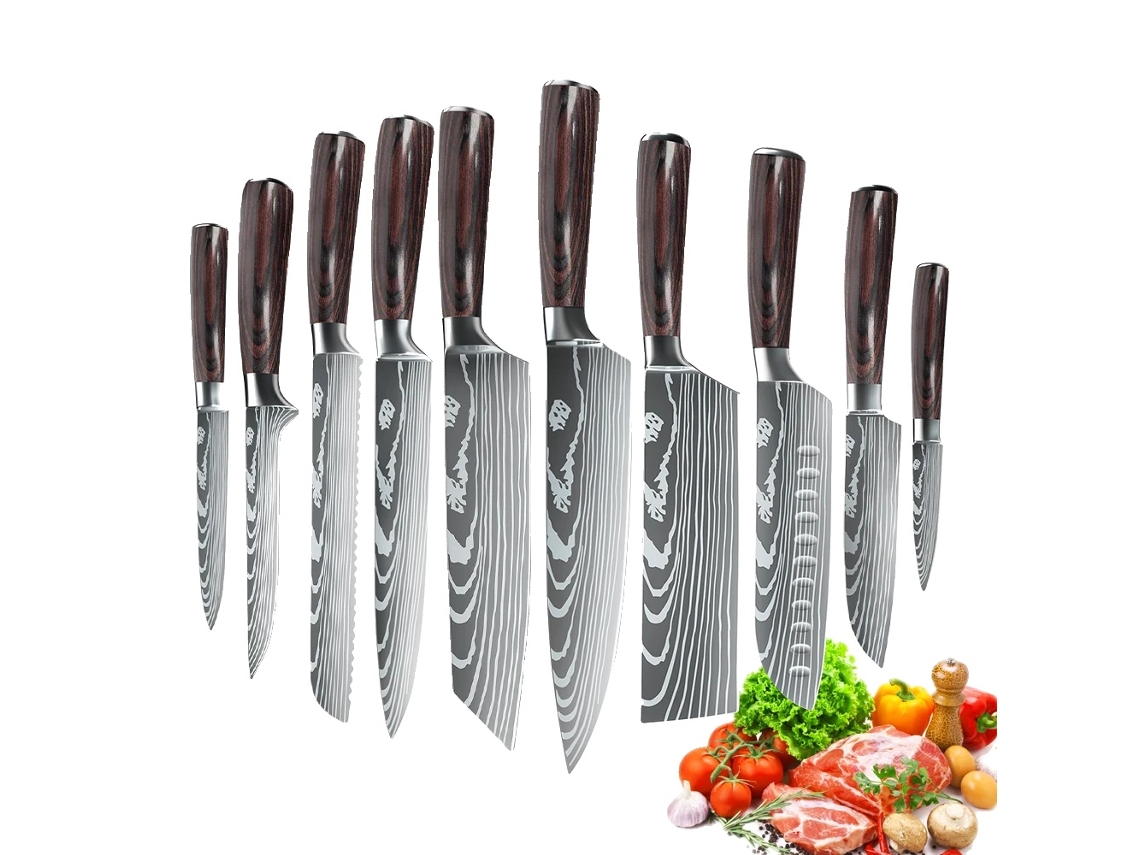 Juego de cuchillos de chef, acero inoxidable 7cr17, mango ergonómico de madera, 10 piezas OEM