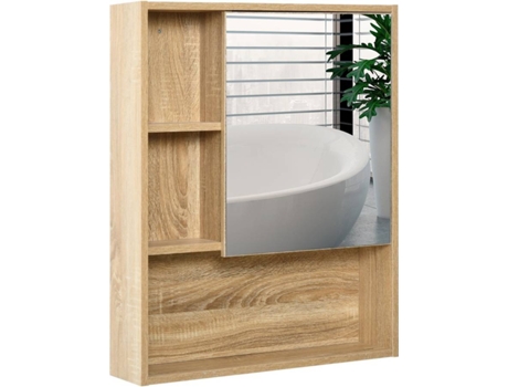 Armario Con Espejo kleankin roble 60x15x76 cm tablero de baño montado en estante ajustable altura espacio interno abiertos grano mueble 60 15x 76cm