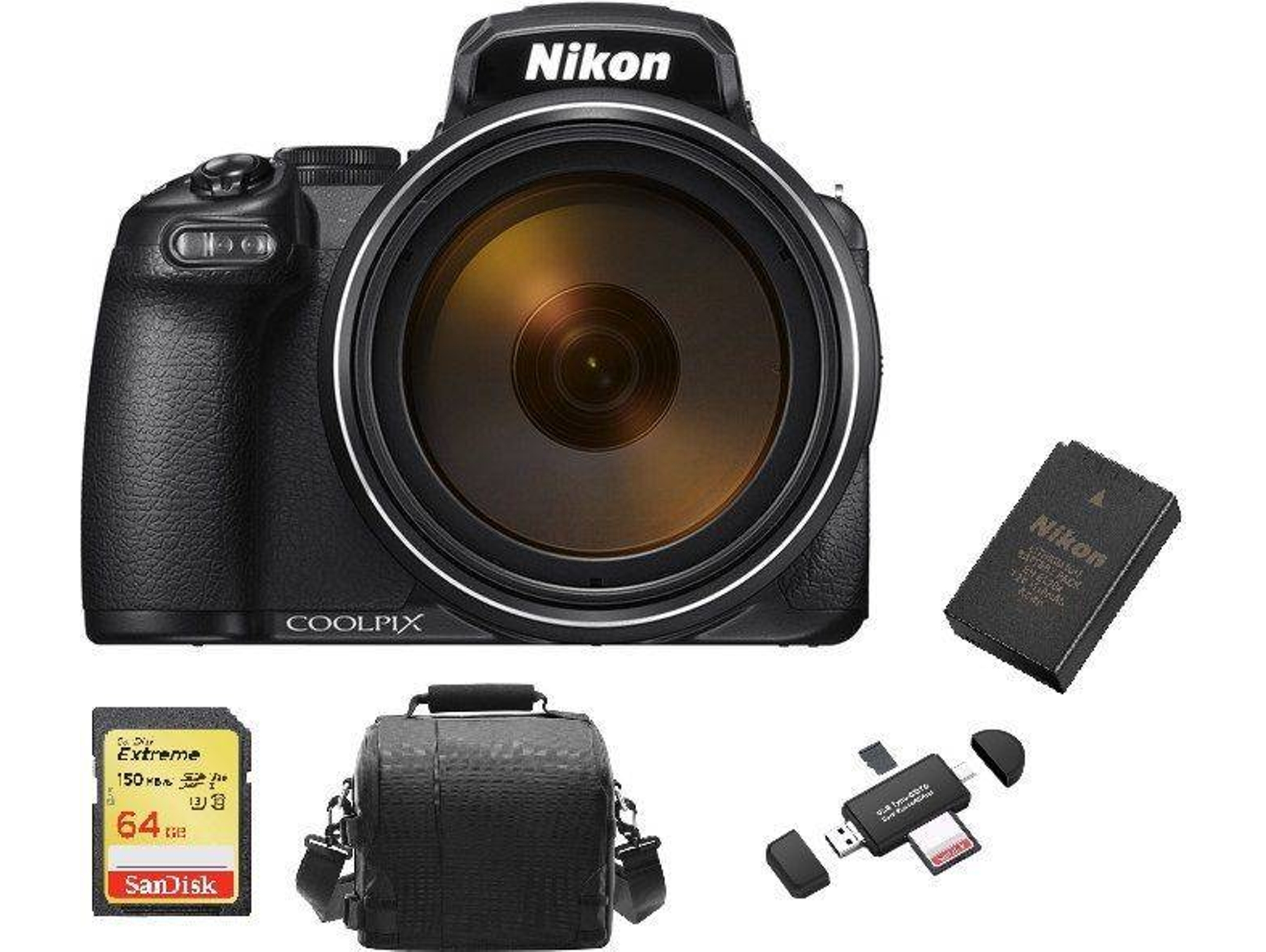 Kit Cámara Compacta NIKON P1000 + 64GB SD + Bolsa + EN-EL20A + Lector Tarjetas