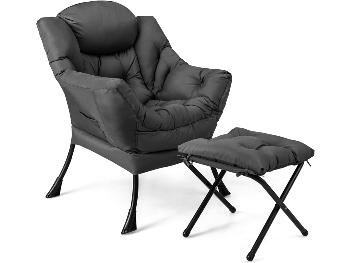 Sillones para el Salón con Reposapiés, Butaca Dormitorio con Almohada, Reposabrazos, Bolsillo Lateral, Sillón de Relax Sala Dormitorio Oficina (Gris) COSTWAY
