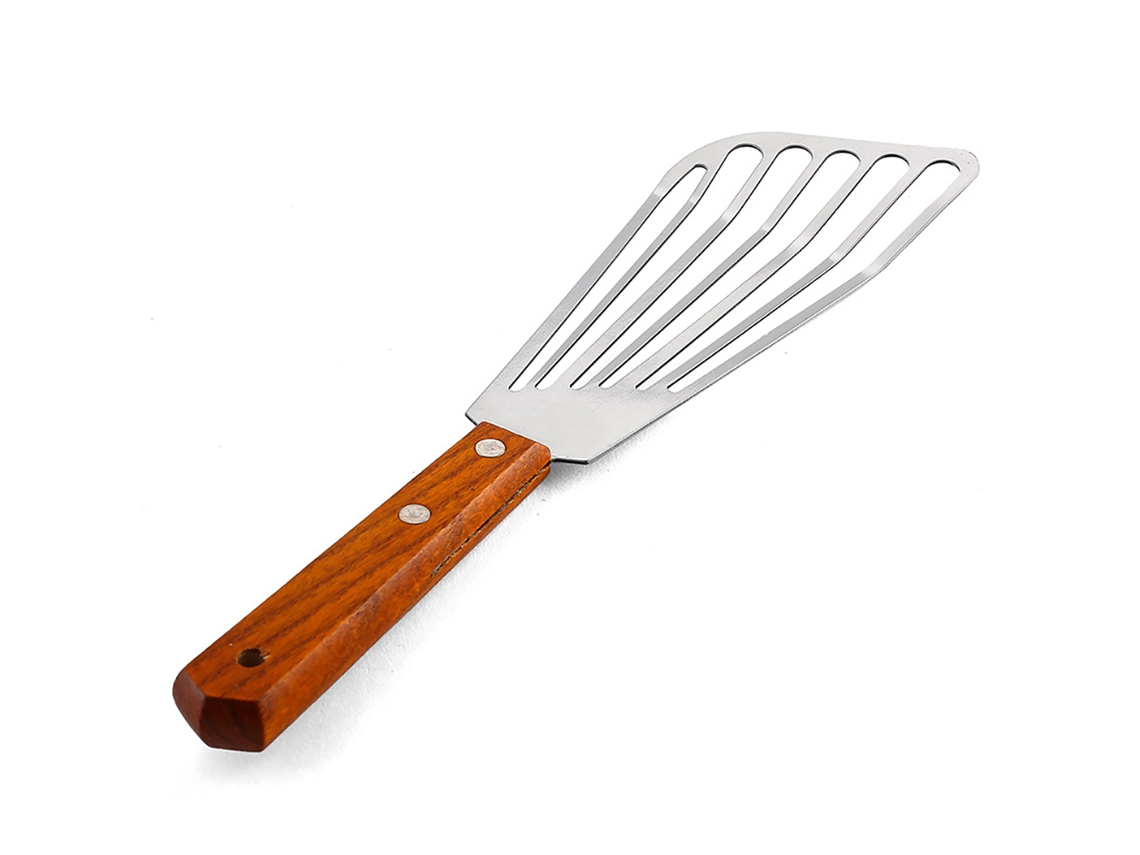 Espátula de pescado Gourmet Choice, hoja angular para alimentos delicados, acero inoxidable resistente al calor, mango ergonómico de madera, utensilio de cocina