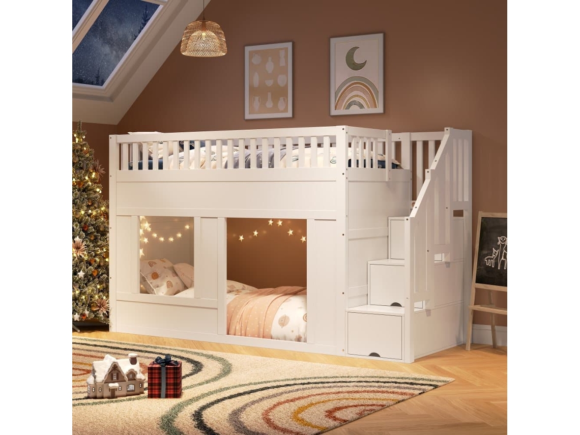 Cama Infantil, Litera (90 X 200 Cm), Cama Alta, Multifuncional Con Armario De Escalera, Espacio Convertible Abajo, Blanca