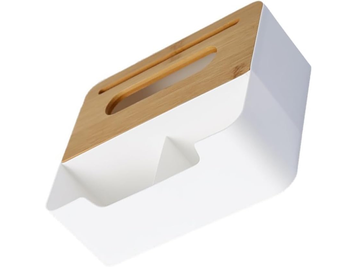 Caja De Pañuelos Fácil Reemplazar Con Tapa Bambú Pp Blanca, Servilletero Decorativo Para Oficina Y Escritorio.