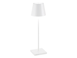 Lámpara de mesa LED blanca Zafferano Poldina Pro, recargable, regulable, hasta 12 horas de autonomía, protección IP65, apta para exteriores.