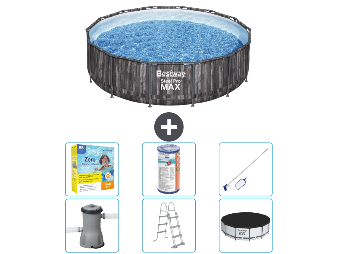 Piscina BESTWAY Round Steel Pro MAX - Impresión en madera - 427 x 107 cm - Incluye bomba - Escalera - Cobertor Accesorios CB36