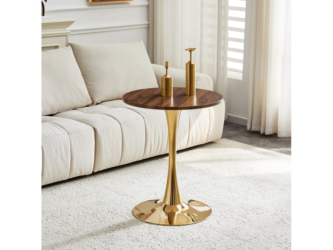 Mesa Redonda 60 Cm De Mdf, Efecto Madera Nogal, Base Dorada, Mesa Auxiliar O De Comedor