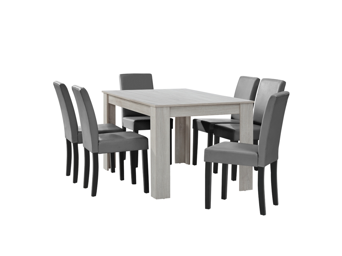 Mesa de comedor + 6 sillas Forssa MDF y polipiel 140x90x77cm - Roble blanco + Gris claro [EN.CASA]
