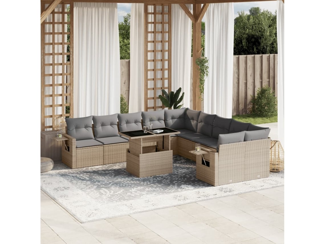 Conjunto de sofá de jardín de 11 piezas con cojines de mimbre beige DKD Home Decor