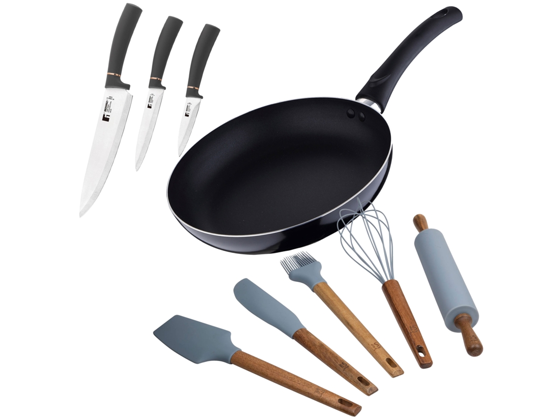 Juego de sartén de aluminio prensado de 24 x 4,5 cm, 3 cuchillos, 5 utensilios de cocina y salsa