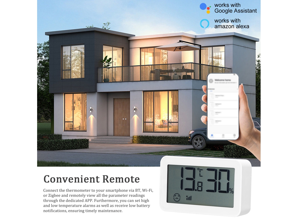 Termómetro Higrómetro Digital De Interior Zigbee Con Indicador De Confort, Visualización De La Hora, Compatible Con Alexa Y Google Assistant.
