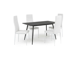 Mesa de comedor de 180 cm, gris oscuro, 4 sillas de polipiel blanca. Oferta de stock.