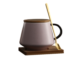 Taza de cerámica de 450ml con tapa y cuchara para oficina y hogar. TRUYUETY